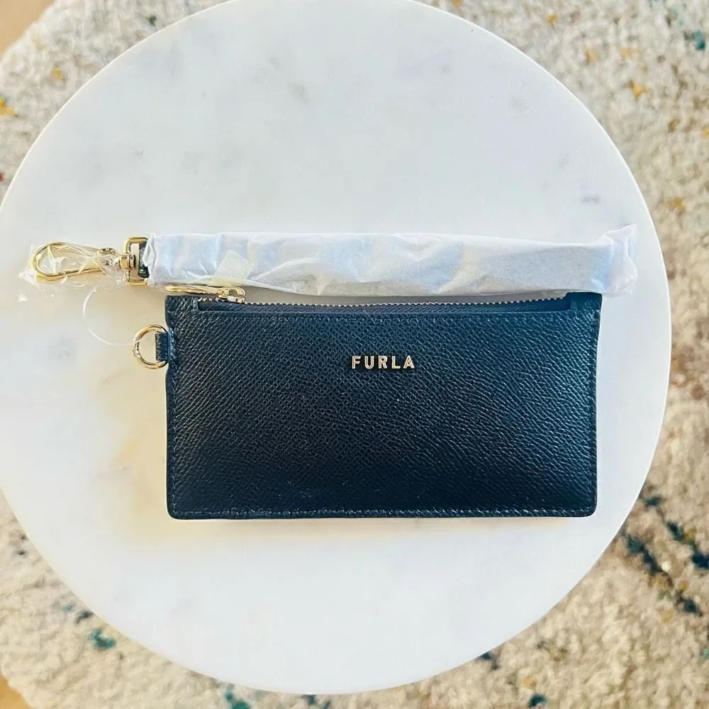 FURLA Classic Credit‎ Card Case Leather Wallet Wristlet, Black, Wrist Strap, NWT